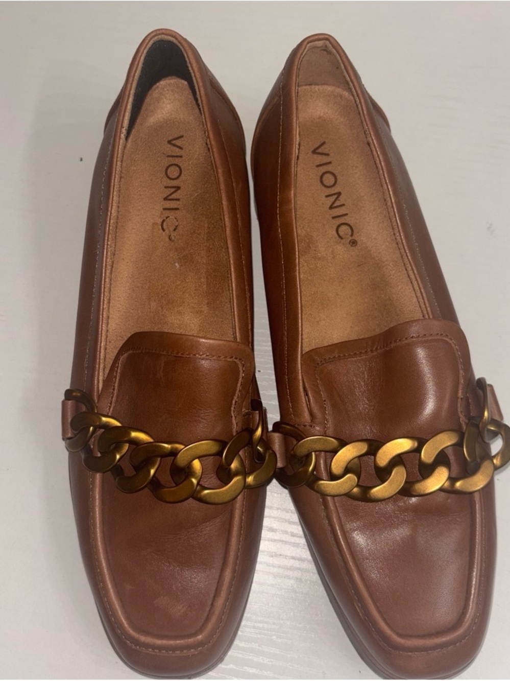 Vionic Brown Leather Chain-Accent Loafers